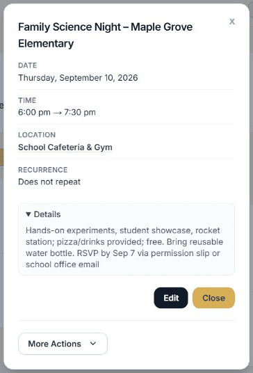Smitty event details for Family Science Night on Thursday, September 10, 6:00 to 7:30 pm at the school cafeteria and gym, including the RSVP and permission-slip note.