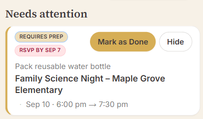 Found for you card for Family Science Night with an RSVP by September 7 badge and a reminder to pack a reusable water bottle.