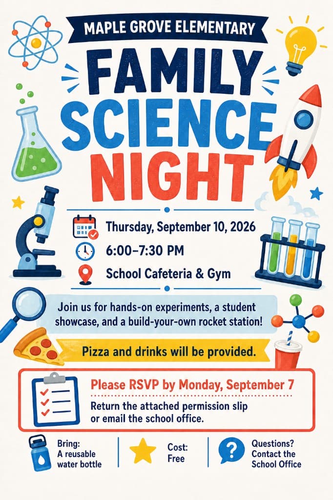 Family Science Night flyer for Thursday, September 10, 6:00 to 7:30 pm at the school cafeteria and gym, with an RSVP by September 7, a permission slip, and a reusable water bottle.