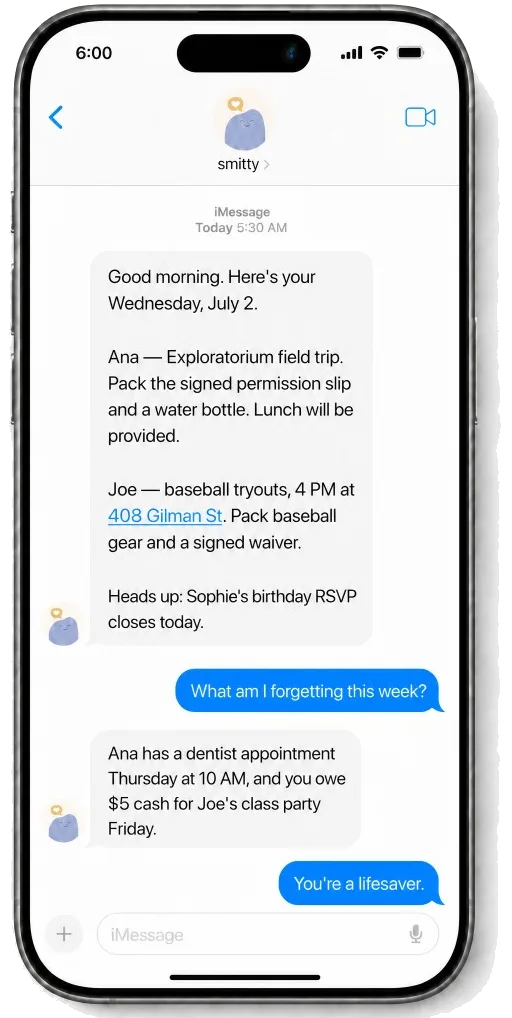 Smitty morning text and follow-up conversation on an iPhone