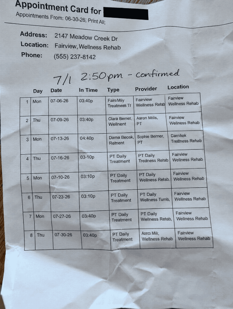 A crumpled physical therapy appointment printout with a table of dates, times, and providers