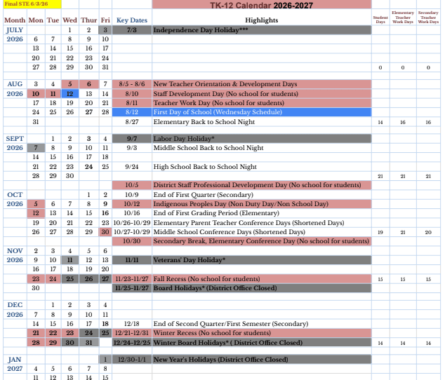 A dense color-coded school district calendar spreadsheet with holidays, recesses, and back-to-school nights packed into tiny cells