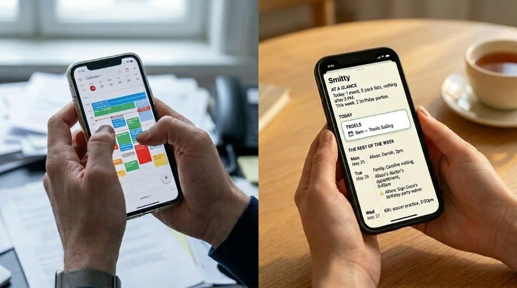Side-by-side phone screens comparing a crowded calendar with a simplified Smitty at-a-glance view