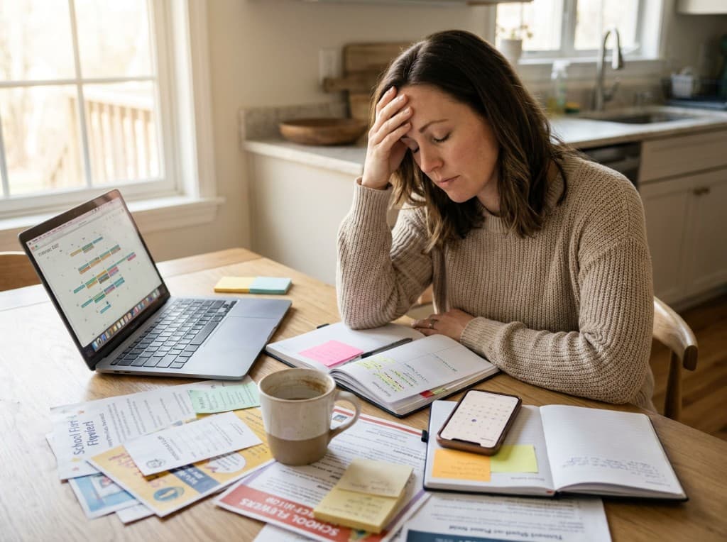 A mom sitting at a kitchen table with school papers, a planner, and a phone while carrying the mental load